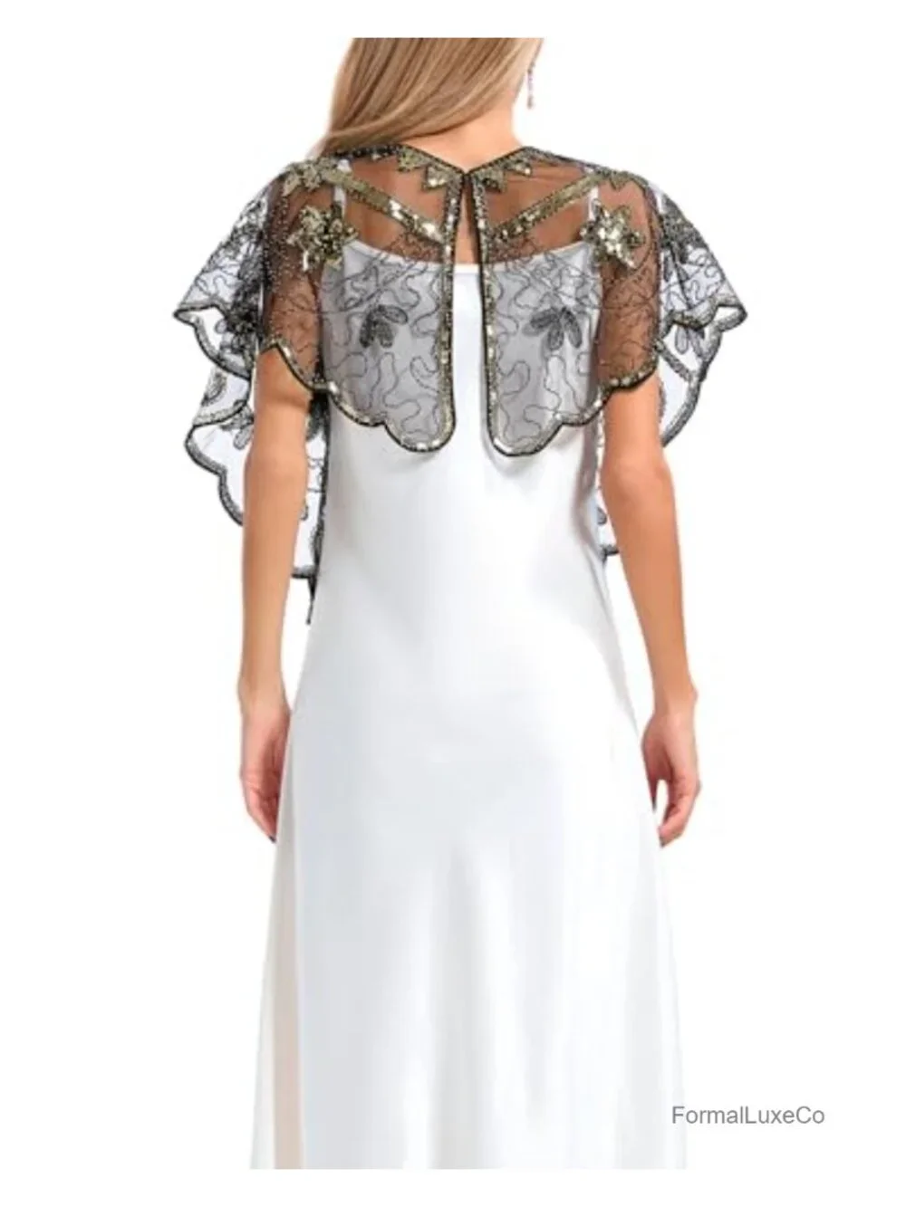 Sequin Embellished Fringe Capelet Shawl Gatsby Party Wrap